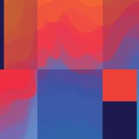 Abstract array of red- and blue-hued blocks