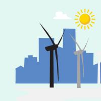 Cartoon depiction of a silhouetted cityscape with wind turbines in the foreground