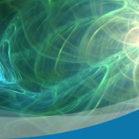 Abstract array of blue and green swirls against a dark background.