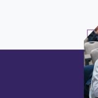 Purple-and-white banner with an image of a person taking notes