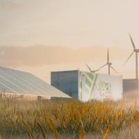 Wind turbines and solar panels in a sunlit field, with a cityscape silhouetted in the background.