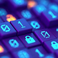Cube buttons with binary code and padlock icons lit up on top of them