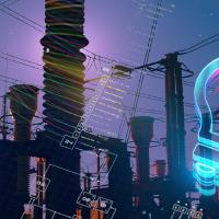 photoillustration of an electric substation with overlaying lights indicating a network and a light bulb that looks like a power button