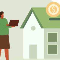 Graphic of a person using green electricity with a coin being dropped into a house in the background to represent savings