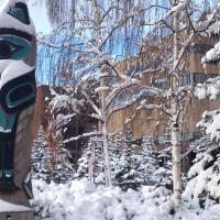 carved poles along Anchorage street in snow