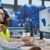 Three people in high visibiity vests at computer workstations in a power plant
