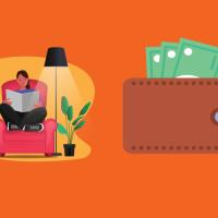 illustration of a stack of coins, a person sitting on a couch under a lamp, a wallet with dollar bills sticking out, and a person running through a park