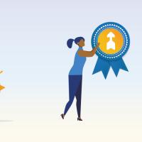 Illustration of a row of five stars, four are yellow and one is gray. A person holds the fifth yellow star at the bottom f a ladder. A person holds a blue ribbon and another person carries a large wrench