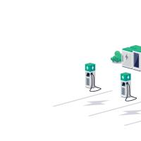 Graphic of a car at a bank of EV chargers