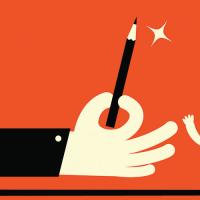 big hand holding a pencil next to a small person on an orange background
