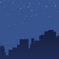 a dark outline of a city under a starry sky