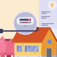 illustration of electric meter, house, and piggy bank