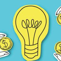 Cutout of light bulb and hands holding coins