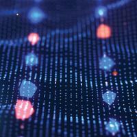 arrangement of red and blue lights in a wave-like pattern over a dark blue background