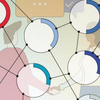 Networked circles over people shaking hands