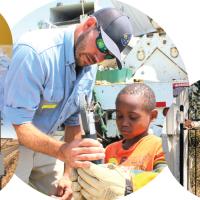 collage of utility workers with community members