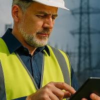 Public power resiliency specialist using a tablet for grid monitoring.