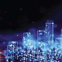 Representation of a city skyline that is interconnected by digital nodes