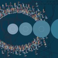 Row of differently sized blue circles over transmission lines and a sunset