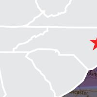 Section of the US southeast with a red star over the relative position of Clayton's location in North Carolina
