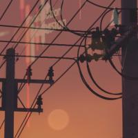 Power lines at dusk behind the transparent layover of an operations center control panel that is tracking power usage.