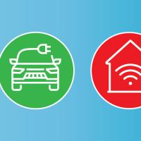 Series of icons representing electric vehicles, smart homes, and solar panels on a blue-white gradient background