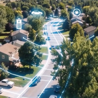 Rendering of the city of Longmont, Colorado, showing a network of assets such as smart devices and battery storage