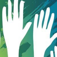 outlines of raised hands on blue green background