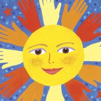 Illustration of sun with hands for rays