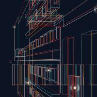 outline of building and lights on black background