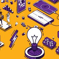 Energy and technology icons on a yellow background
