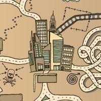 illustrated map of a city and surrounding roadways