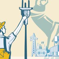 Graphic of a utility worker holding up an oversized electric plug