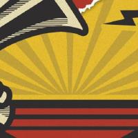 Yellow and red background with a hand holding a megaphone, drawn in comic book style