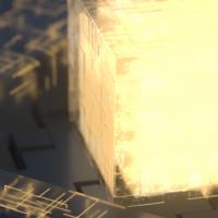 lit up cube over an electric grid