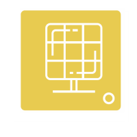 icons of a solar panel, a scale, and a city hall