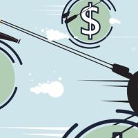 Illustration of business people rowing on dollar signs