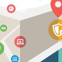 cybersecurity icons over a map