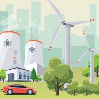 Graphic of a smart city with nuclear, wind, and solar generation