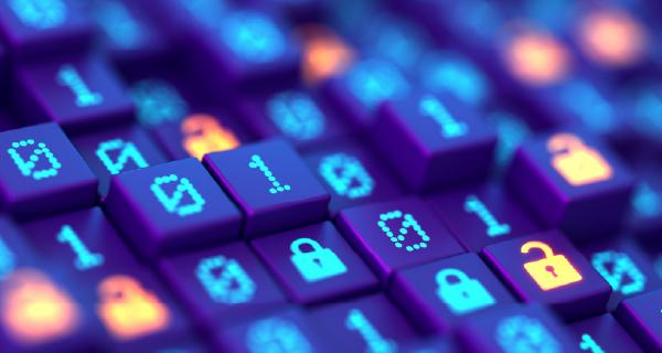 Cube buttons lit up with zeros, ones, and padlock icons