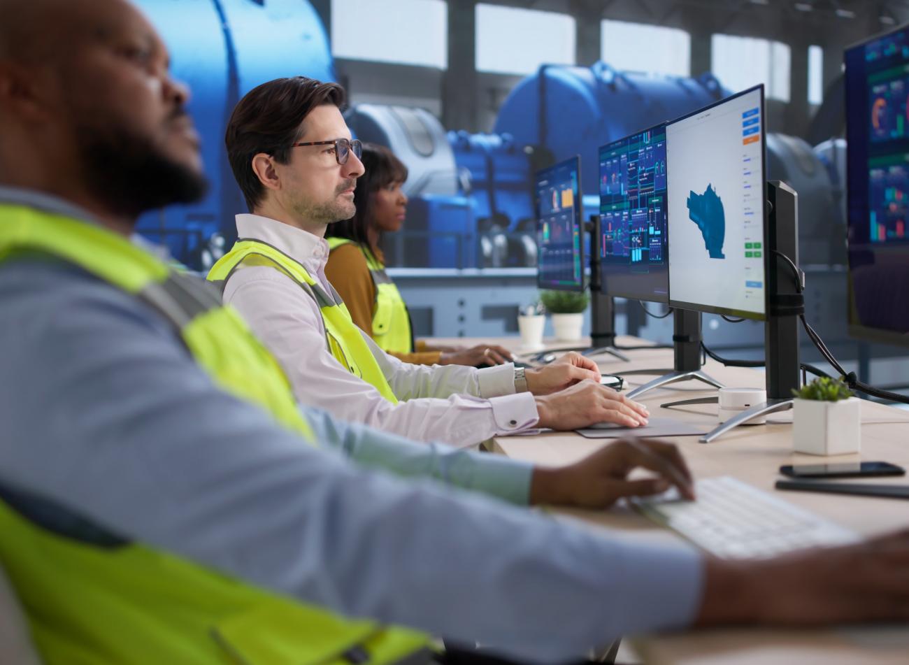 Three people in high viz vests at computers