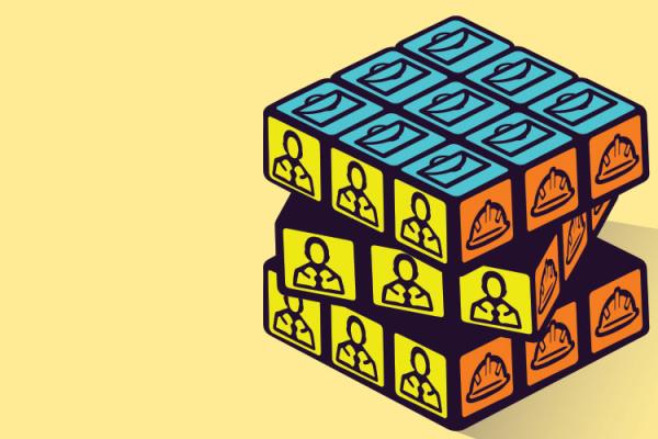 Puzzle cube with icons related to utility workforce - hard hat, briefcase, and person in suit