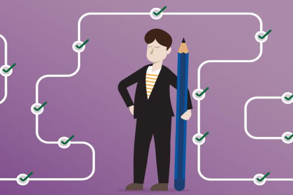 Person standing in middle of path with arrows along it on a purple background