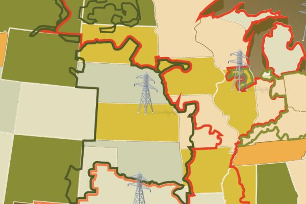 Section of U.S. map showing areas of high demand and high supply of electricity