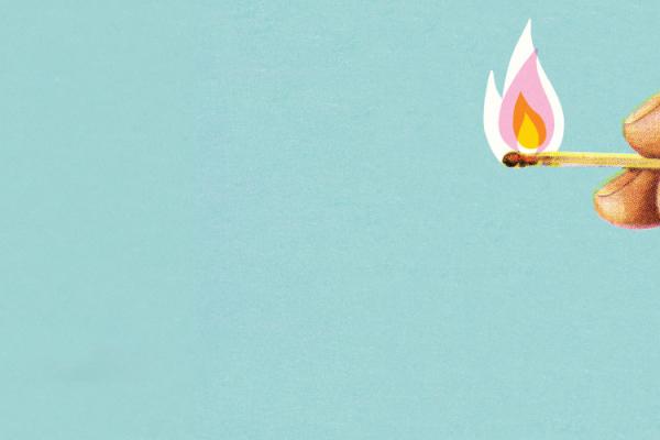 Hand holding a lit match in a midcentury print style