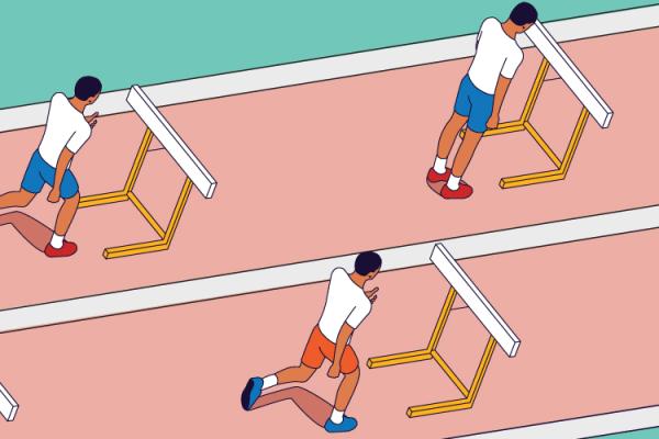 Six people on a racetrack with hurdles