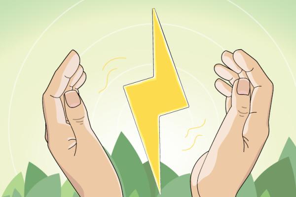 Illustrated hands cupping an electric bolt
