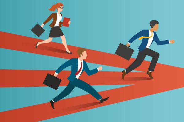 People on different paths that merge into one