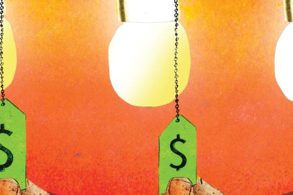 Three light bulbs in a line with pull cords that have a price tag at the end