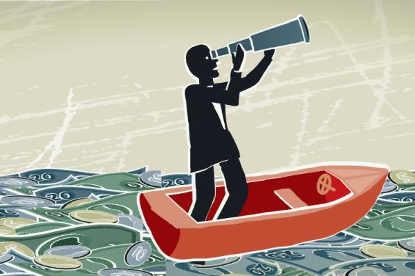 Person standing in an orange boat holding a telescope, floating on a sea made of money